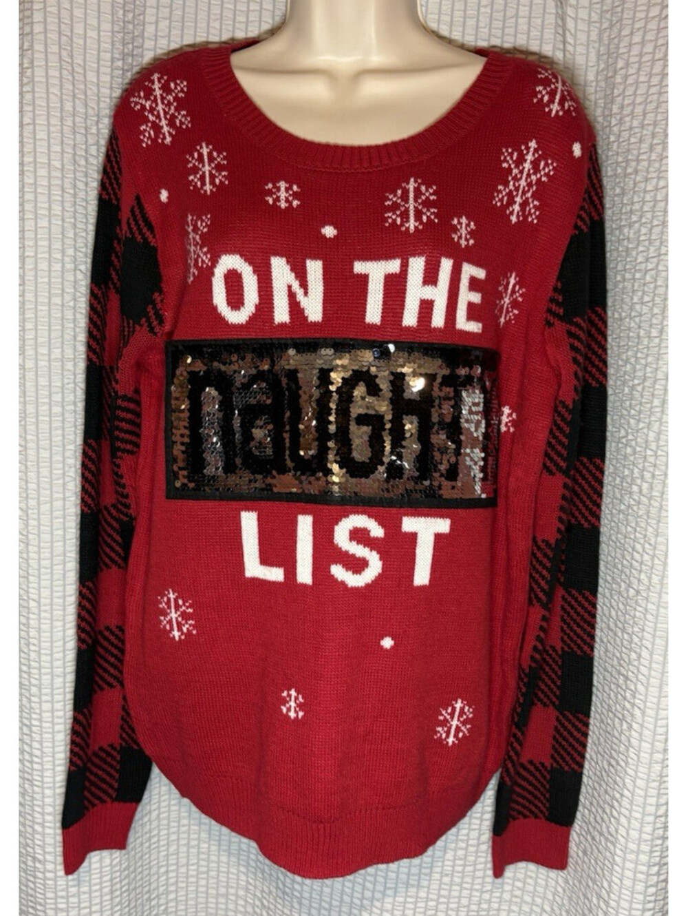 No Boundaries (15-17) Naughty Nice Pullover Christmas Sweater Color Shifting